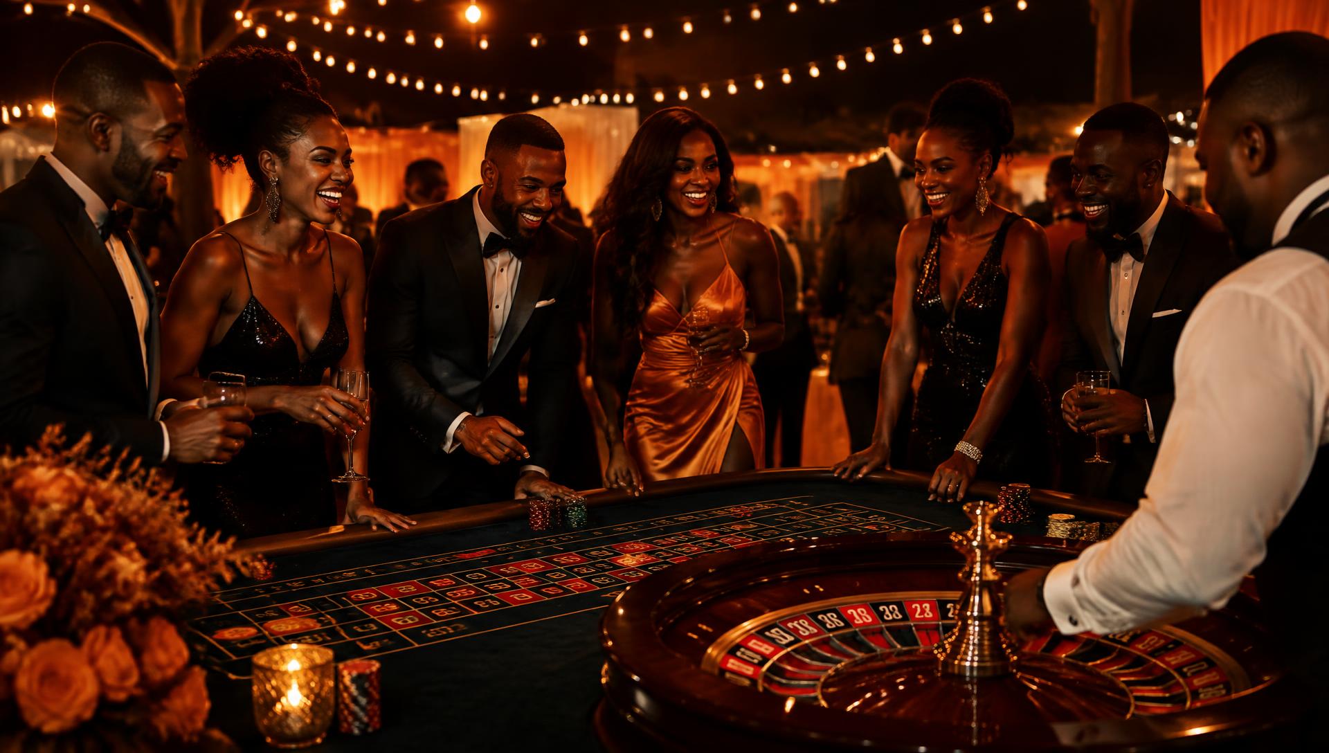 Elegant guests celebrating around a roulette table at a casino night event under warm string lights